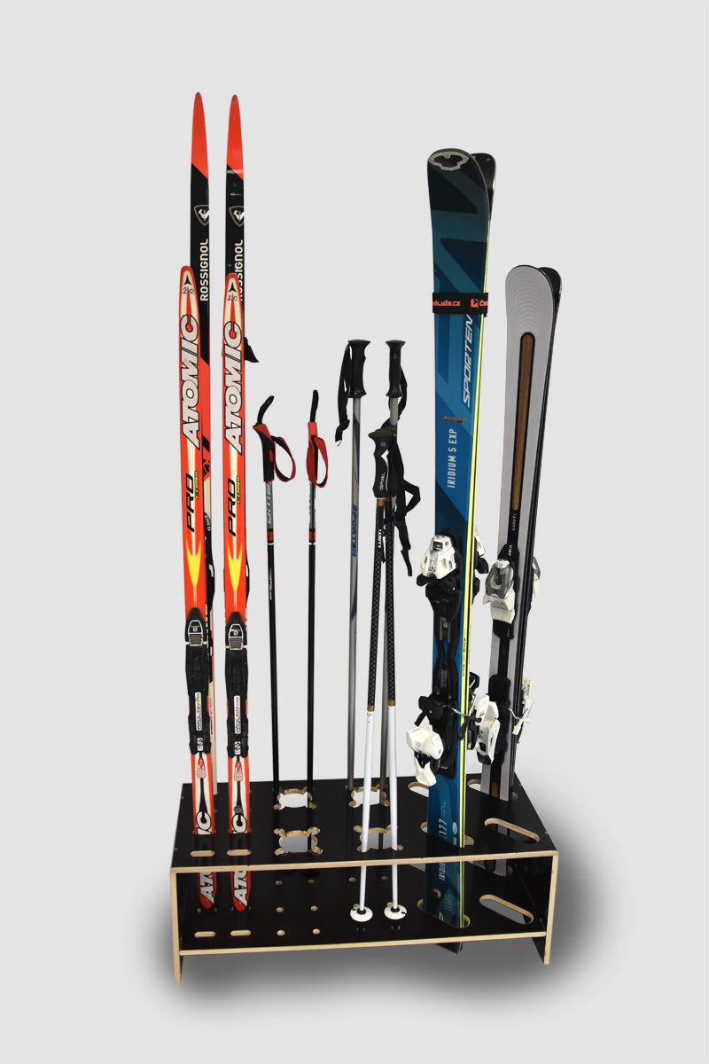 Combined wooden stand for alpine, cross‑country skis and poles