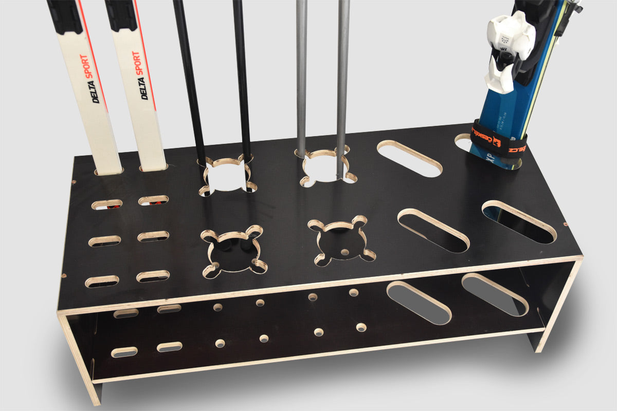 Combined wooden stand for alpine, cross‑country skis and poles