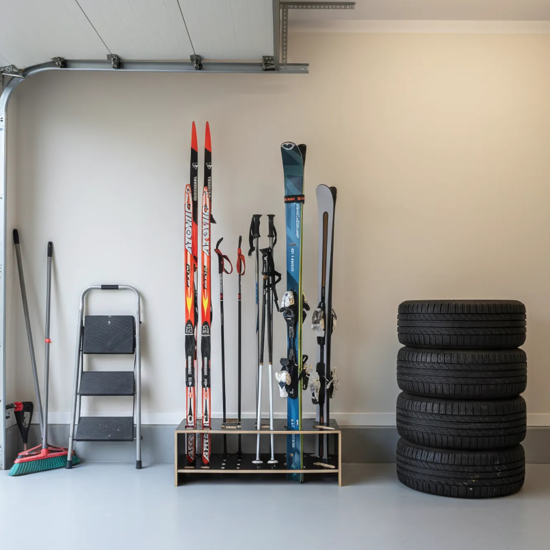 Combined wooden stand for alpine, cross‑country skis and poles