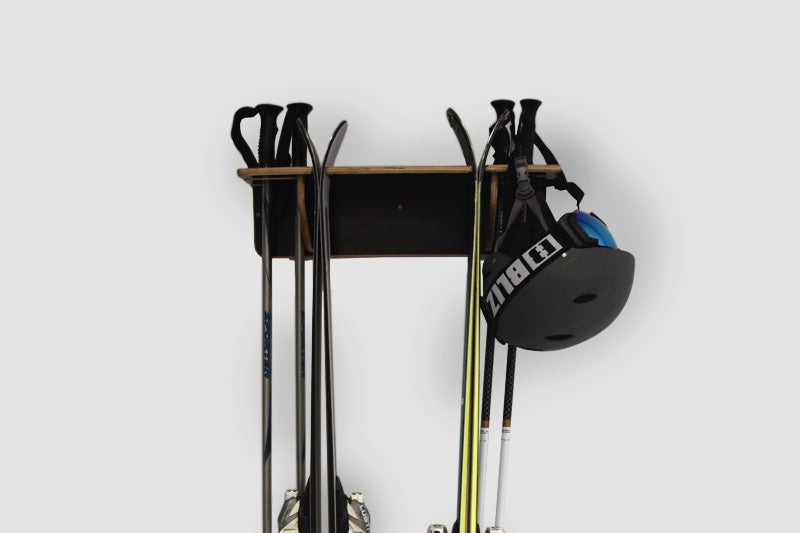 Wall holder for 2 pairs of skis and poles