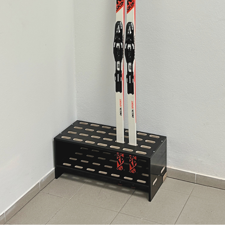 Wooden stand for 14 pairs of cross‑country skis