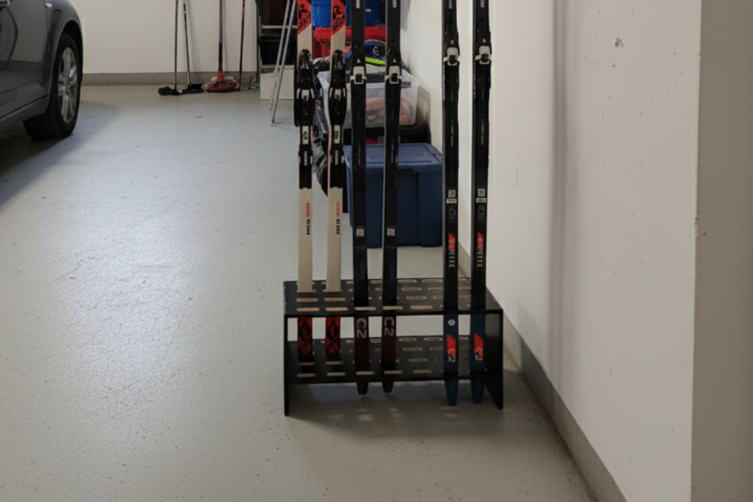 Wooden stand for 14 pairs of cross‑country skis