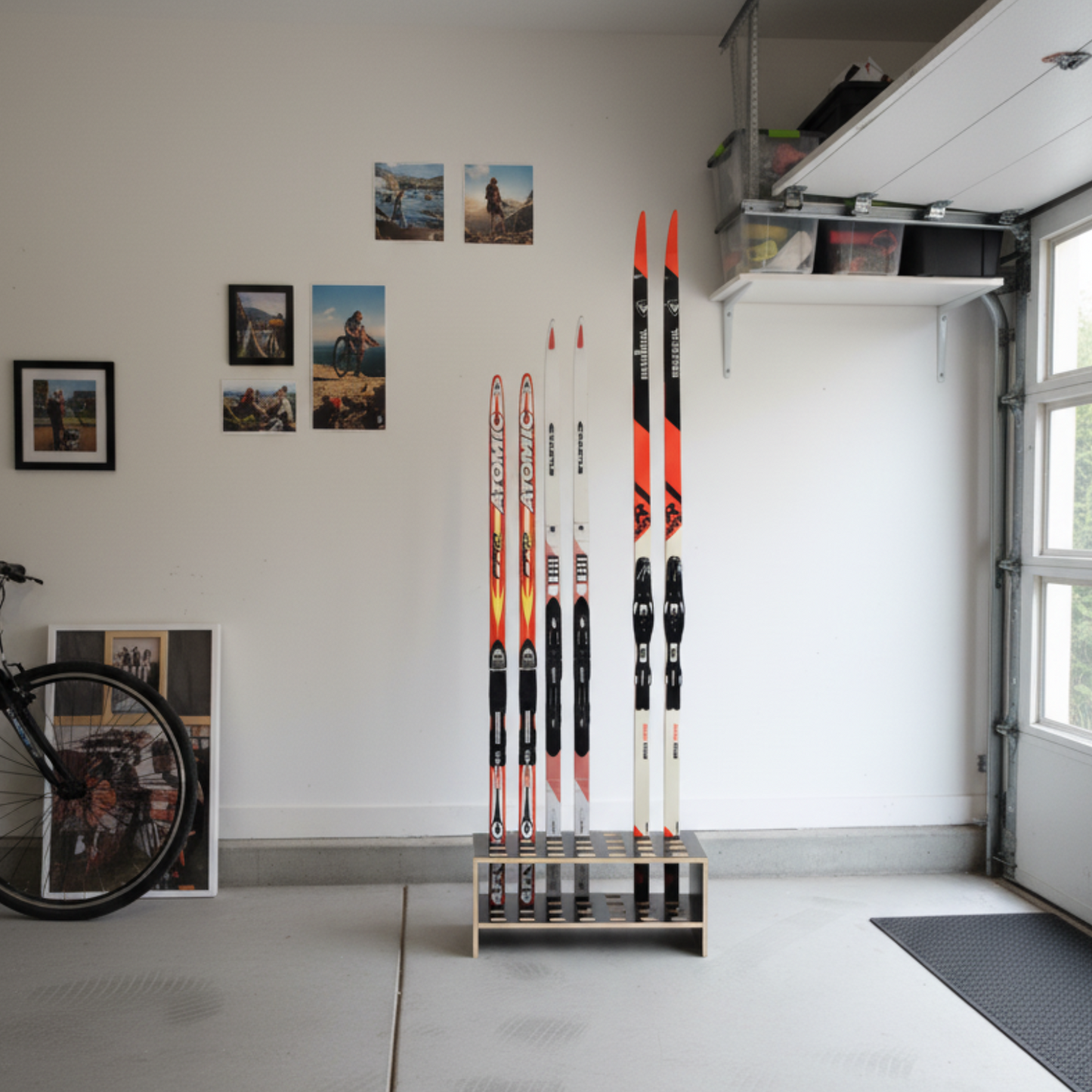 Wooden stand for 14 pairs of cross‑country skis
