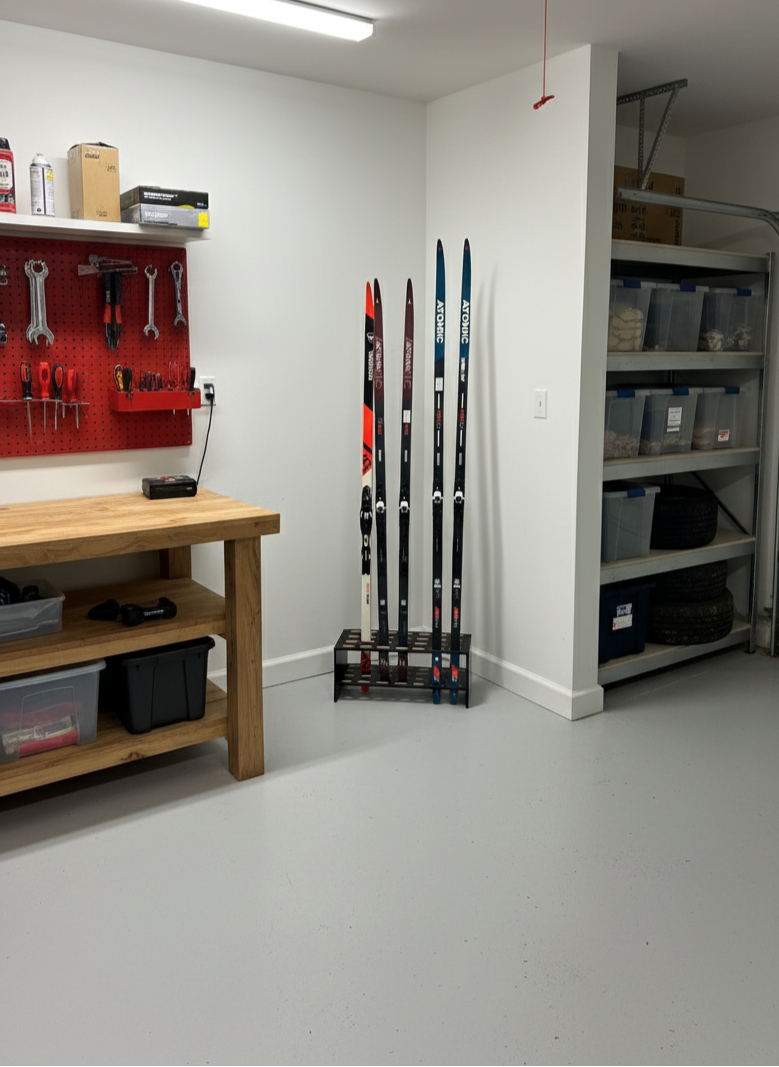 Wooden stand for 14 pairs of cross‑country skis