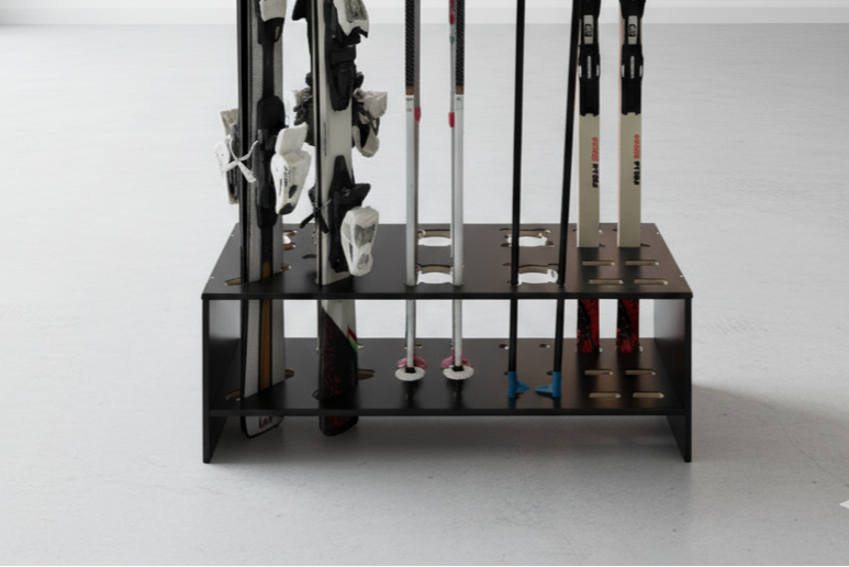 Combined wooden stand for alpine, cross‑country skis and poles