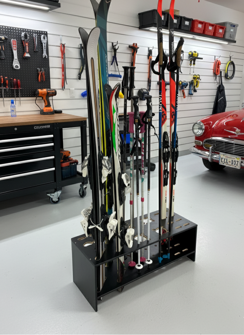 Combined wooden stand for alpine, cross‑country skis and poles