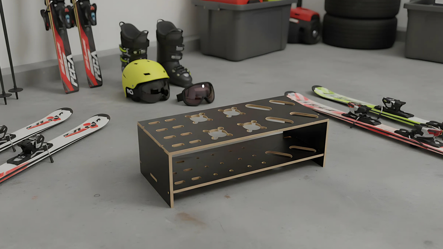 Combined wooden stand for alpine, cross‑country skis and poles