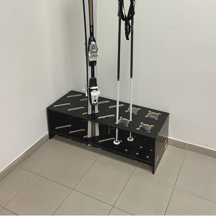 Combined wooden stand for skis and poles