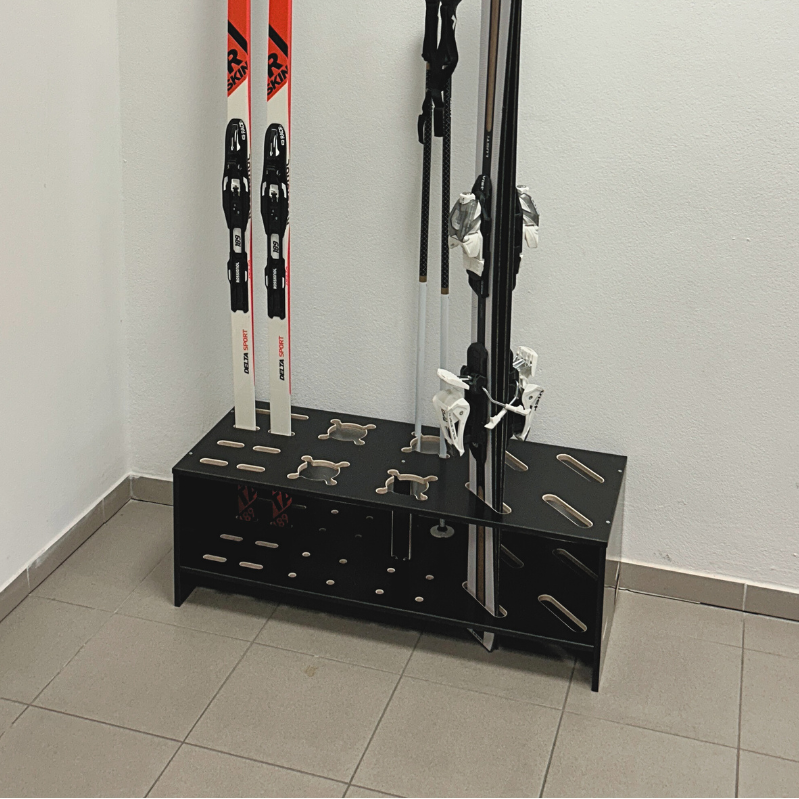 Combined wooden stand for alpine, cross‑country skis and poles